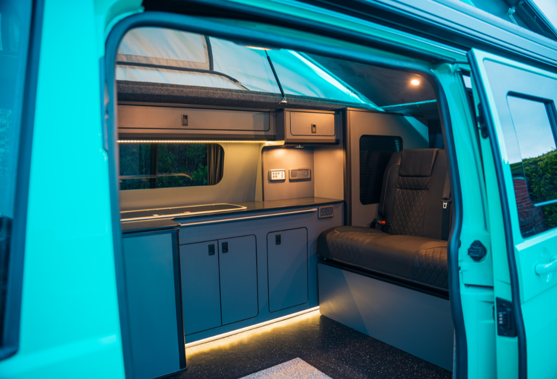 High-quality campervan kitchen pod with hob, sink and storage unit.