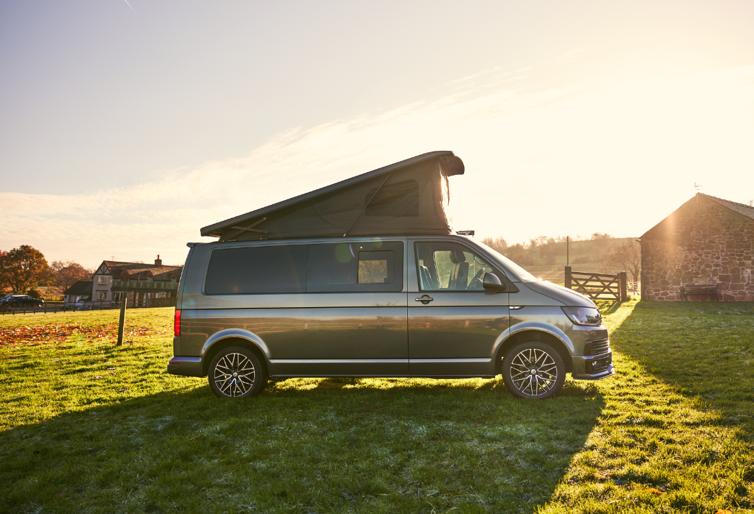 Campervan with pop-top roof.